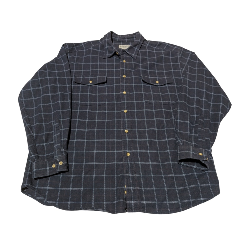 Eddie Bauer Flannel‎ Shirt Mens XL Navy Blue Windowpane Plaid Thick Heavy Cotton